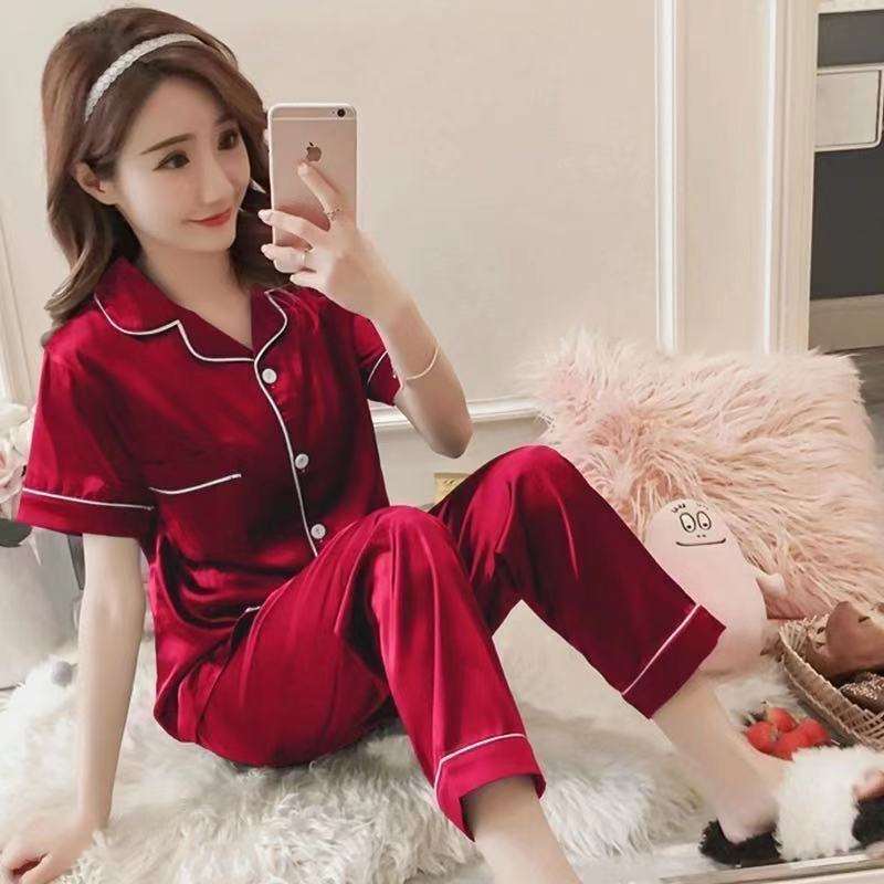 Women's Ice Silk Short-sleeved Home Wear Thin  Trousers Satin Two Sets