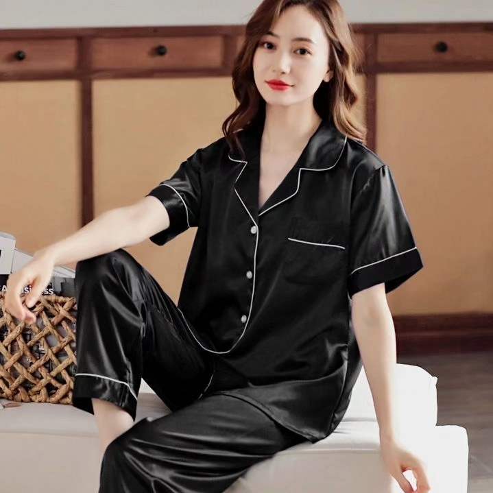 Women's Ice Silk Short-sleeved Home Wear Thin  Trousers Satin Two Sets