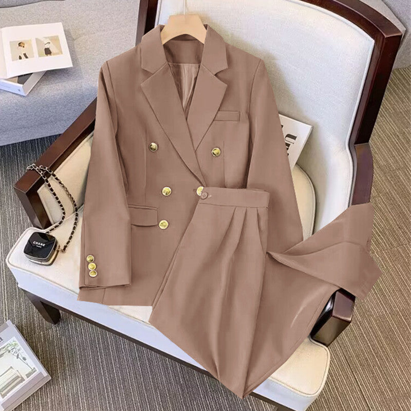 Women's Double Breasted Office Suit Casual Spring Autumn Two-Piece Set Suit