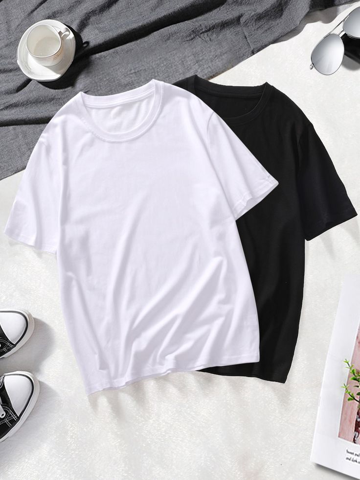 2 Pack Mixed Size Unisex 100% Cotton Black/White Off Shoulder T-Shirts